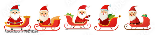 Simple art of santa claus in sleigh with gifts on white