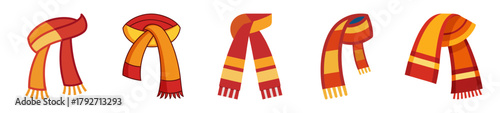 Five festive orange and red scarves with tassels hanging