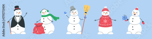 Set of cute christmas snowmen with scarf, winter hat, earmuffs, broom, festive sweater and holiday gifts. Charming seasonal characters for cozy winter and new year designs. Vector illustration