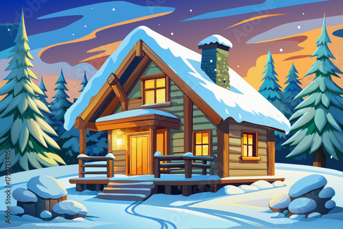 Wooden cabin glowing warmly under bright moon and surrounded by deep snow