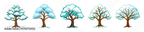 Collection of five artistic snow covered trees with bare branches