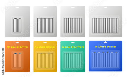 AA, PP3 and C alkaline batteries in a package with transparent window and hanging hole. Realistic mockup	
