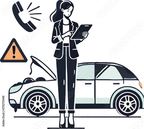 Woman with tablet near car with open hood and warning sign