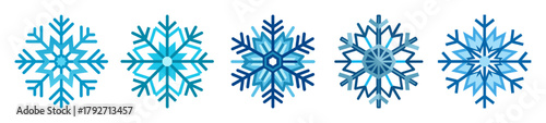 Five blue and teal snowflake designs on a bright
