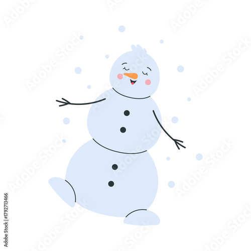 Snowman enjoying a carefree winter stroll among soft falling snow. Gentle pastel character with relaxed movement, warm expression and clean minimal shapes.