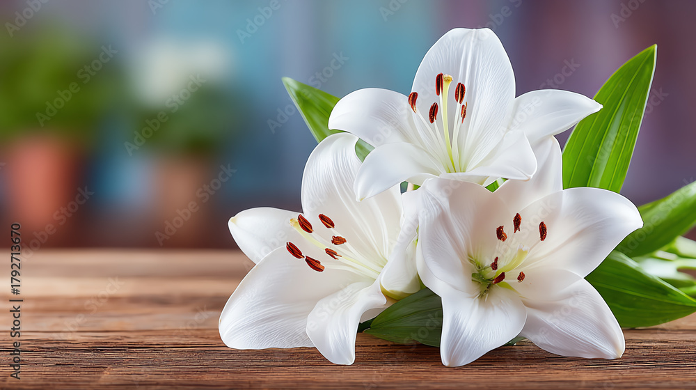 Fototapeta premium A beautiful arrangement of white lilies on a wooden table, showcasing their elegant petals and vibrant green leaves.