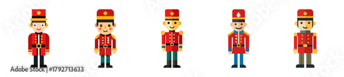 Five cartoon toy soldiers in red uniforms and hats isolated