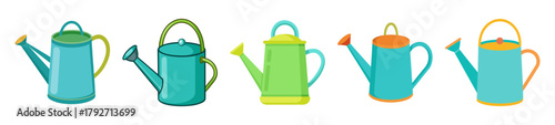 Colorful spring watering cans garden tools assortment