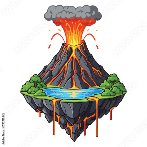 Dynamic volcano erupting with vibrant lava flows creating an island paradise with a serene lake and lush trees