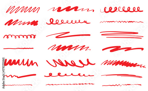 Hand drawn red underline stroke doodle. Crayon pen vector pastel drawing sketch.Graffiti marker dividers.