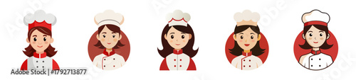 Five cheerful cartoon chefs in red and white uniforms holding food