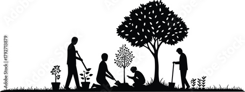 People planting trees together in nature, teamwork in environmental conservation, community gardening, reforestation project, sustainable lifestyle, eco-friendly outdoor activity