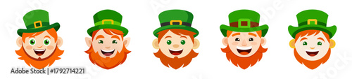 Five cheerful leprechaun smiles with green hats for st. patrick's day