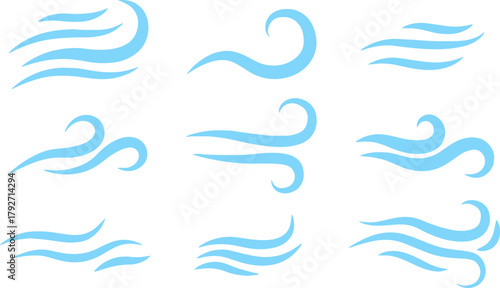 Blue wind air flow line icon set, flat vector weather element