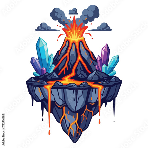 Dynamic volcanic island erupting with molten lava and surrounded by vibrant crystal formations against a cloudy sky