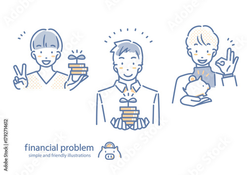 しっかり資産運用をする若い男性　シンプルでお洒落な線画イラスト