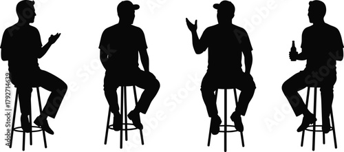 Seated person silhouette illustration, stool pose variations, hand gestures, black and white, casual posture, expressive body language, design reference