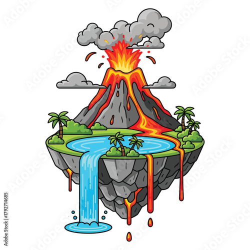Stunning cartoon floating island showcases a vibrant volcano eruption with lava flows, a serene waterfall, and lush tropical vegetation creating a dynamic fantasy landscape.