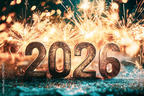 celebrate 2026 fireworks with glittering golden numbers against turquoise sparkling bokeh firework background, sparkles, shiny, explosion, new years eve day, silvester, prosit, close up, photorealisti