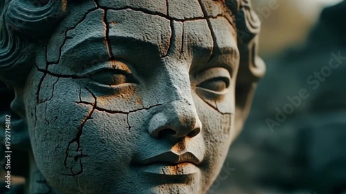 Macro real footage capturing cracks, erosion, and fine details of an ancient stone statue, cinematic lighting, timeless feeling