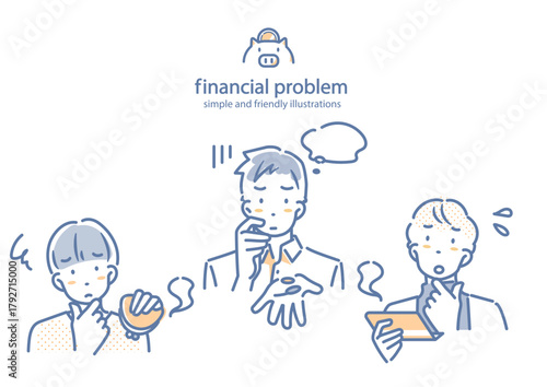 お金に不安を感じる若い男性　シンプルでお洒落な線画イラスト