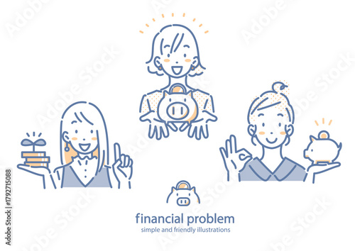 しっかり資産運用をする若い女性　シンプルでお洒落な線画イラスト