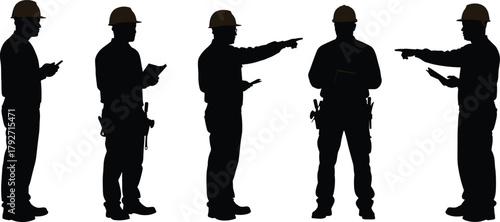 Silhouettes of construction workers with hard hats, clipboards, pointing, discussing site plans, teamwork, inspection, supervision, industrial safety, engineering
