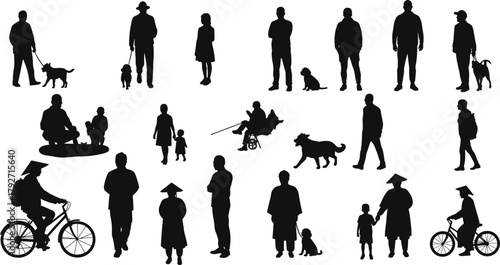 Silhouettes, people, animals, walking, sitting, talking, family, dog walking, bicycle, interaction, posture, vector, urban, lifestyle, diverse, minimal, traditional, children, casual, design