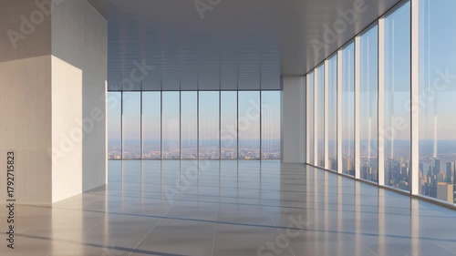 Spacious modern interior: A minimalist, sun-drenched interior space showcasing expansive floor-to-ceiling windows that provide panoramic city views.