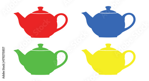 Four colorful teapots red blue green and yellow displayed on a white background