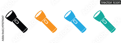 Four colorful flashlight icons offer versatility for camping, emergency planning, and safety campaigns. Use for digital designs and print materials needing a clean, modern style.