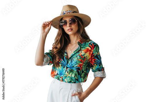 Young woman wearing a straw hat and sunglasses, with a colorful tropical shirt and white pants, isolated on transparent background