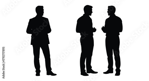 Three men in suits are depicted as silhouettes standing in a row