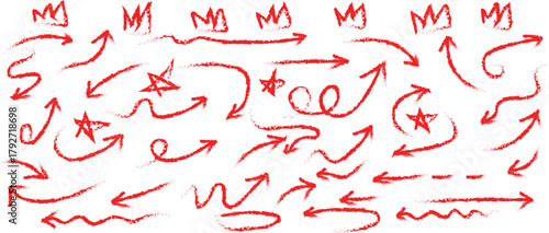 Hand drawn grunge crayon pencil brush direction elements. Vector illustration diverse collection of hand-drawn red arrows in various shapes and directions, set against a stark black background.
