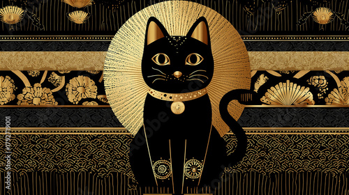 黒と金を基調としたアールデコ調の背景に座る黒猫。豪華で神秘的な和風イラスト。 generative ai