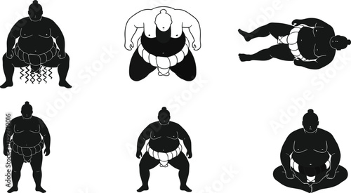 Sumo wrestlers, cartoon style, traditional poses, Japanese sport, bold illustration, black and white, dynamic stance, cultural art, simplified design