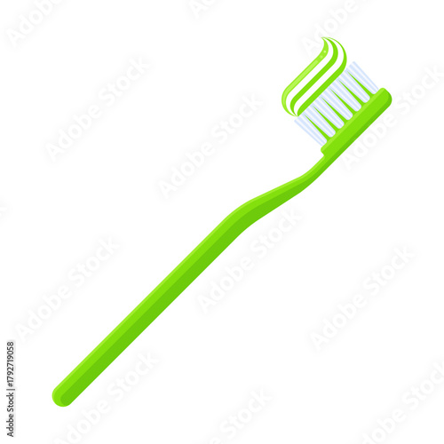 Green toothbrush with toothpaste on bristles. Dental hygiene, oral care, morning routine, and health concepts. Flat vector illustration isolated on white background	
