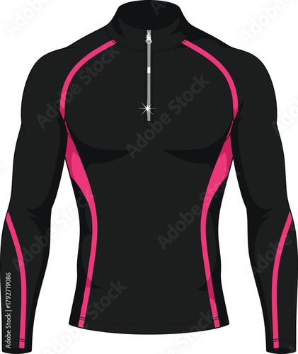 Men’s compression shirt vector, athletic wear design, black and pink panels, high collar zipper, fitted silhouette, sports apparel, activewear mockup