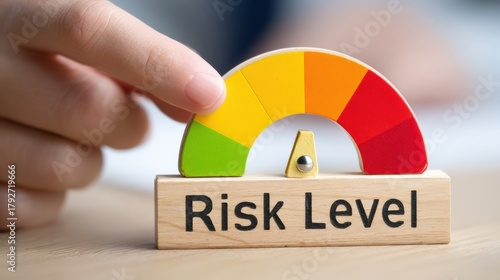 Risk level gauge with colorful semicircular scale from low to high and finger adjusting indicator showing performance concern and evaluation emotion