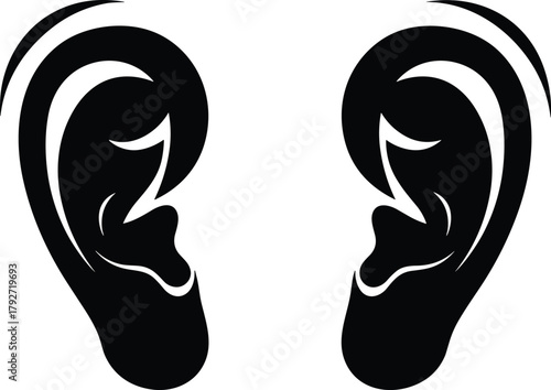 Black and white artistic ear illustration, symmetrical left and right ear design, hearing concept, sound listening icon, minimalist vector art