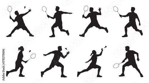 Badminton player silhouettes in various poses vector illustration of sport activity isolated on white background