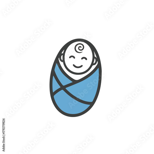 Cute Baby Wrapped in Blue Swaddling Clothes with Swirl Hair and Happy Smiling Face Vector Icon
