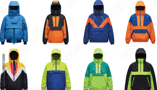 Winter jacket vector set, hooded coat collection, colorful outerwear, insulated fashion, cold weather gear, apparel design, retail mockup, seasonal clothing