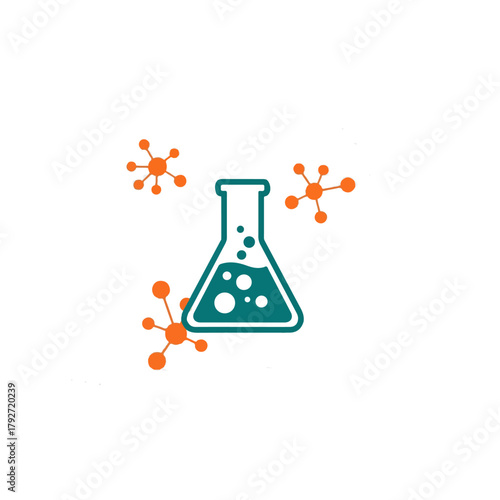 Scientific flask with bubbles and molecular structures, illustrating scientific research and chemistry experiments, clean and modern design