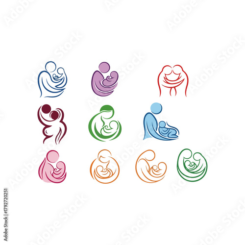 Set of stylized mother and baby logos, abstract family icons, parental care symbol, love and bonding, diverse artistic representations