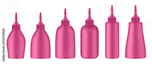 Set of squeeze bottles. Pink bottle with tip cap. Dispensing cap. Colorful hair dye.