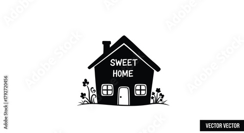 Simple black and white house illustration with sweet home text and floral details