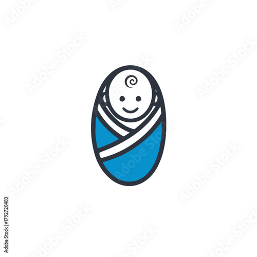 Cute Swaddled Baby Icon Simple Design, Newborn Infant Wrapped in Blanket with Smiling Face and Swirl Hair