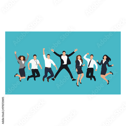 Diverse group of professionals celebrating success jumping in the air together teamwork concept flat illustration on blue background
