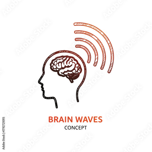 Hand drawn brain waves emanating from a human head profile outline representing cognitive activity and mind concepts